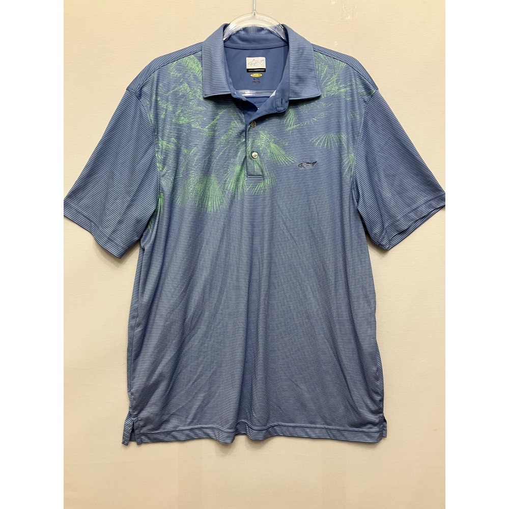 Greg Norman Polo Shirt XL Blue Striped Palm Tree Golf Play Dry Short Sleeve